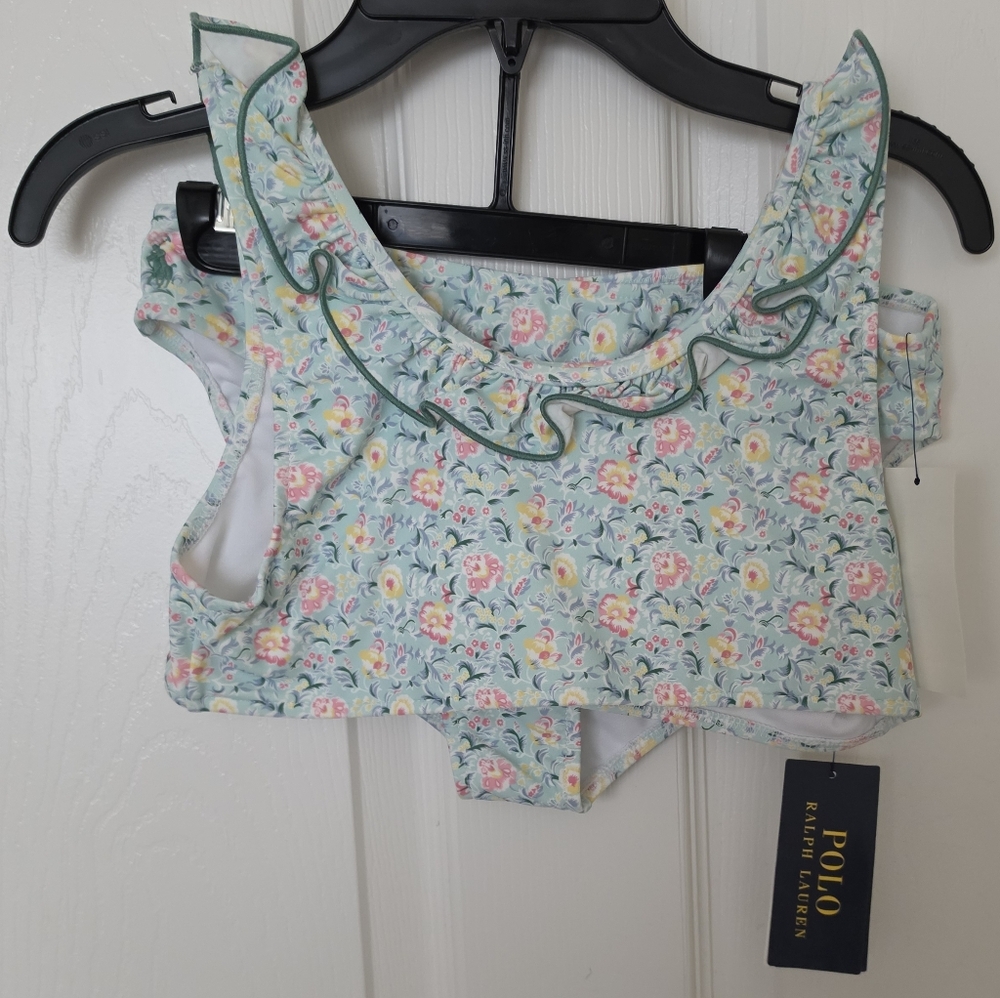 Polo by Ralph Lauren Light Blue Floral Ruffle 2-Piece Swimsuit Size 14